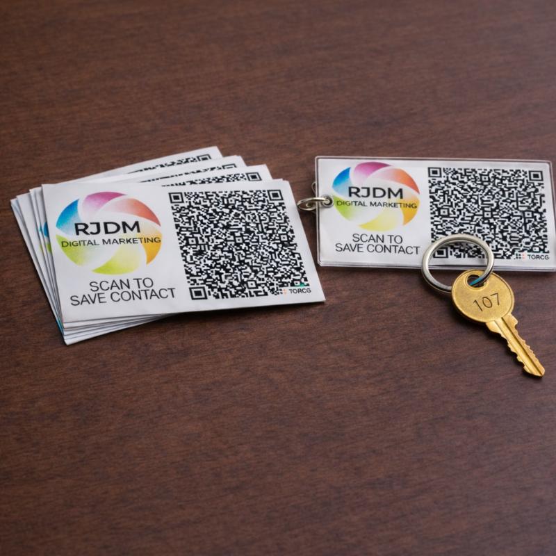 A high-angle product photograph displaying printed marketing assets on a dark wooden surface. On the left is a stacked bundle of square cards featuring the colorful, circular RJDM Digital Marketing logo, a prominent square QR code, and the text 'SCAN TO SAVE CONTACT'. To the right sits a matching rectangular clear acrylic key ring housing the same brand design, attached to a brass key stamped with the number 107.